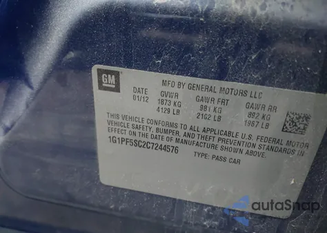 2012 Chevrolet Cruze 1Lt z USA, uszkodzony, nr VIN 1G1PF5SC2C7244576